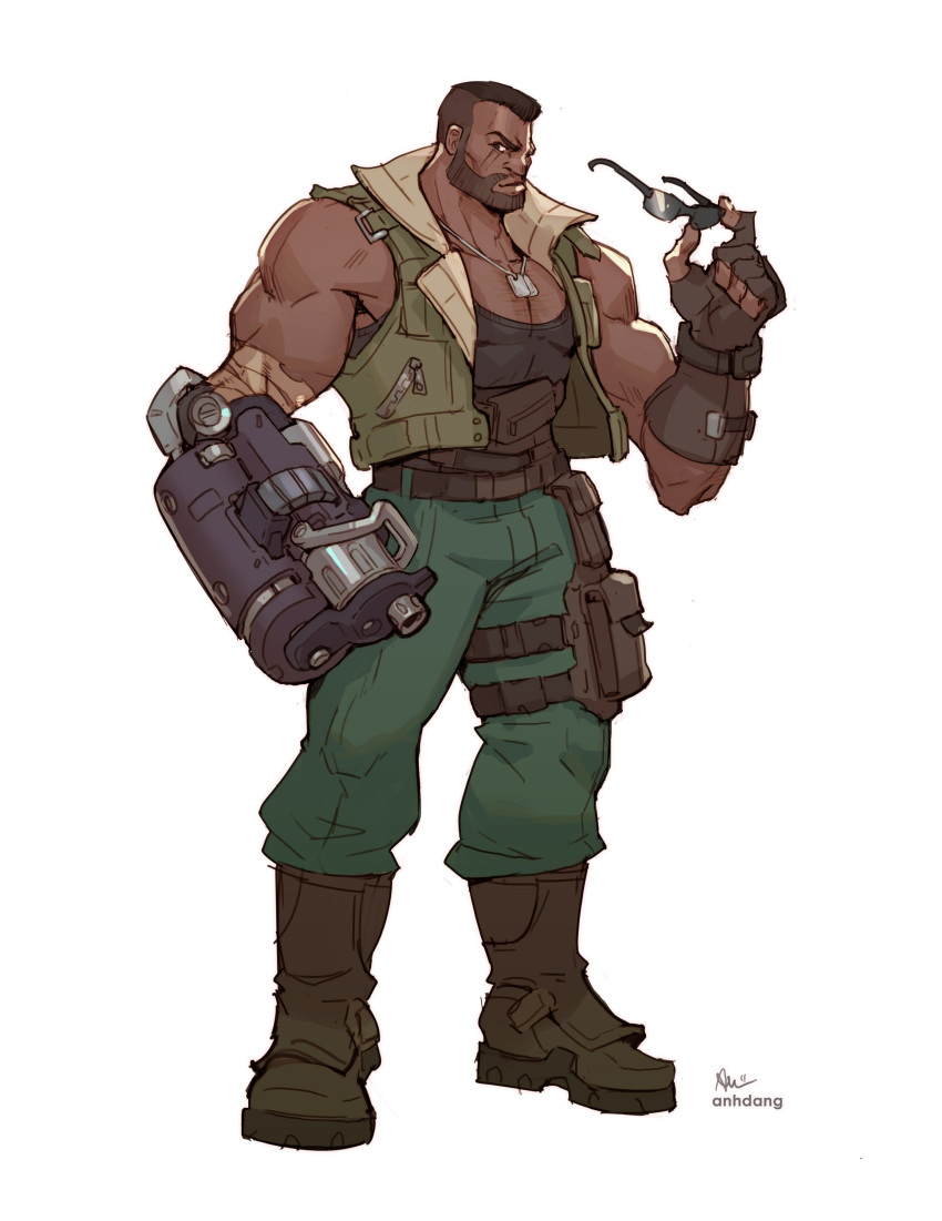 1boy absurdres anhdang artist_name bandaged_arm bandages barret_wallace beard belt black_shirt boots brown_eyes collarbone dark-skinned_male dark_skin dog_tags facial_hair final_fantasy final_fantasy_vii final_fantasy_vii_remake fingerless_gloves full_body gloves green_pants green_vest gun highres holding holding_eyewear holster looking_at_viewer muscular muscular_male pants pectorals prosthesis scar scar_across_eye shirt short_hair solo standing sunglasses thigh_holster very_short_hair vest weapon white_background