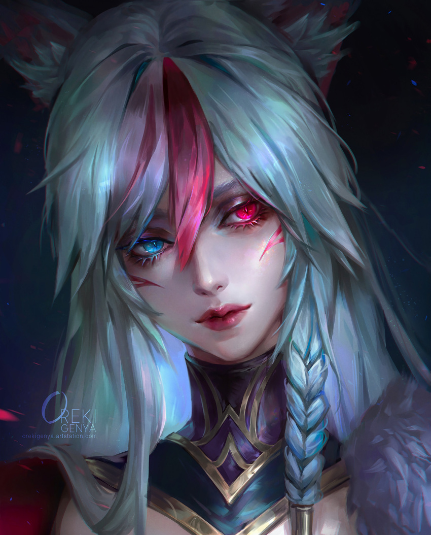 1girl animal_ear_fluff animal_ears artist_name bangs blue_eyes braid close-up face hair_between_eyes heterochromia highres league_of_legends light_blue_hair light_green_hair lips looking_at_viewer multicolored_hair oreki_genya portrait red_eyes red_lips redhead solo