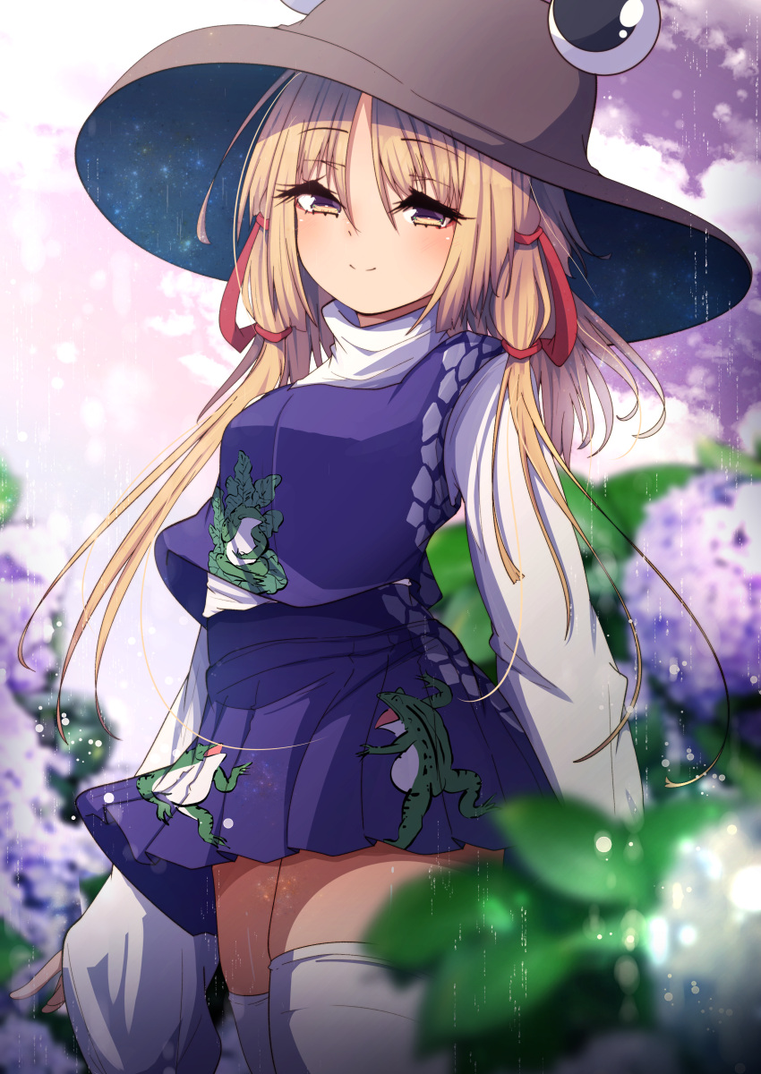 1girl absurdres animal_print blonde_hair blush brown_headwear closed_mouth cowboy_shot darumoon eyebrows_visible_through_hair flower frog_print hair_ribbon hat highres hydrangea long_hair long_sleeves moriya_suwako purple_flower purple_skirt purple_vest red_ribbon ribbon shirt skirt smile solo thigh-highs touhou tress_ribbon vest white_legwear white_shirt wide_sleeves yellow_eyes