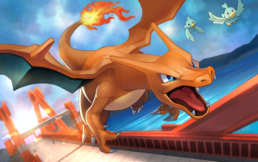 blue_eyes charizard claws commentary_request ducklett fangs fire flame flame-tipped_tail flying open_mouth pokemon pokemon_(creature) tesshii_(riza4828) tongue