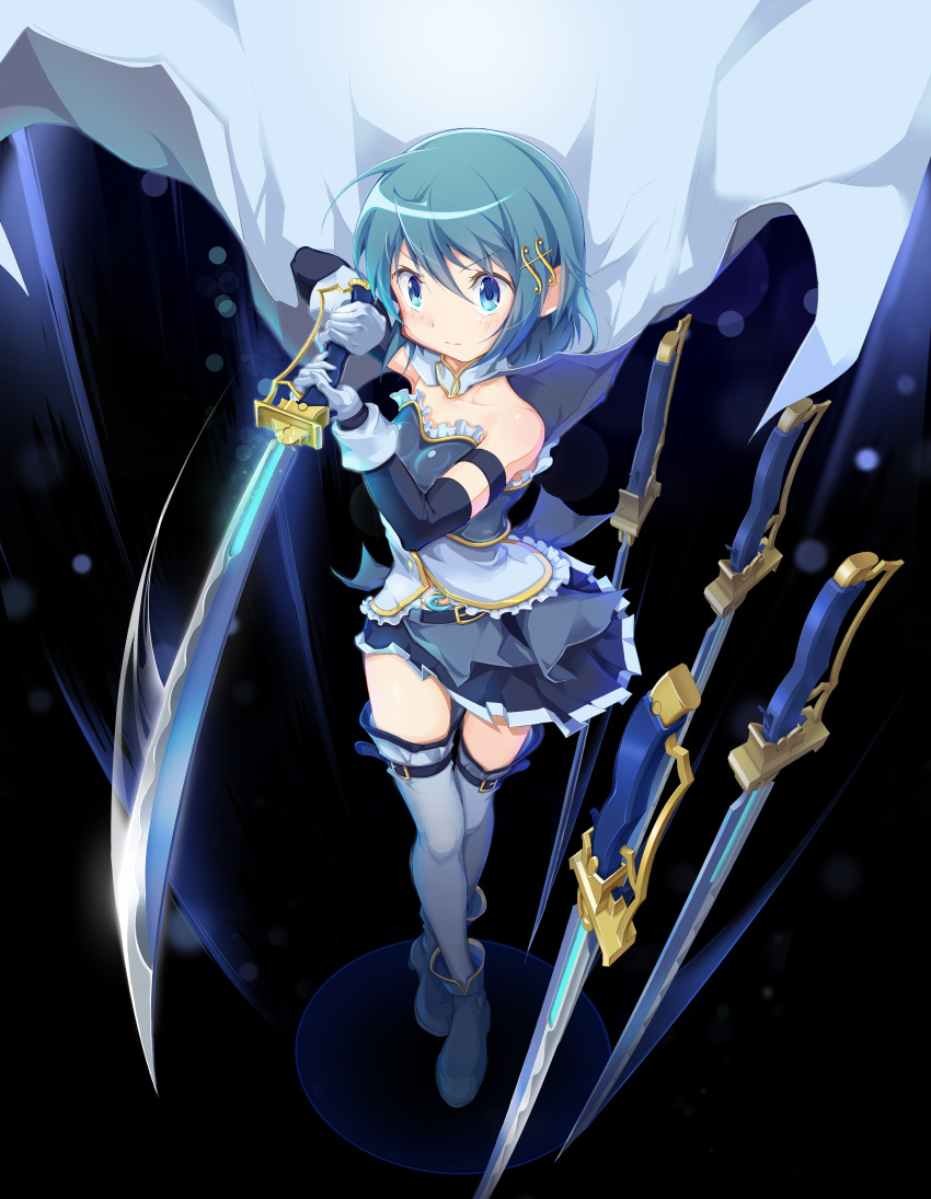 1girl absurdres ankle_boots bare_shoulders blue_eyes blue_footwear blue_hair blue_skirt blush boots cape closed_mouth commentary elbow_gloves eyebrows_visible_through_hair floating_cape fortissimo fortissimo_hair_ornament frilled_skirt frills full_body gloves hair_ornament highres holding holding_sword holding_weapon looking_at_viewer magical_girl mahou_shoujo_madoka_magica miki_sayaka seagateee short_hair skirt solo sword weapon white_cape white_gloves white_legwear zettai_ryouiki