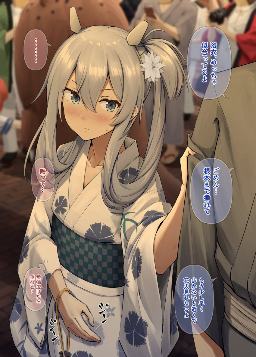 1girl 2boys alternate_costume bokukawauso cowboy_shot fake_horns flat_chest floral_print folded_ponytail grey_hair hair_rings highres horned_headwear horns i-203_(kancolle) ichikawa_feesu japanese_clothes kantai_collection kimono light_blue_hair long_hair mascot multiple_boys otter sidelocks translation_request white_kimono yukata