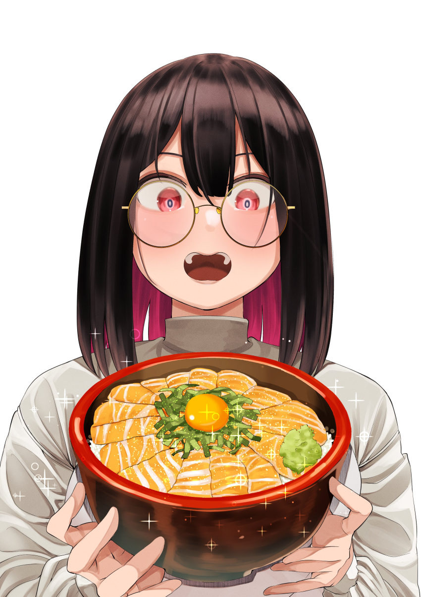 1girl absurdres bangs black_hair blush bowl colored_inner_hair commentary_request food food_focus highres long_sleeves medium_hair multicolored_hair open_mouth original pink_hair red_eyes round_eyewear salmon shadow shinme08 smile solo sparkle upper_body