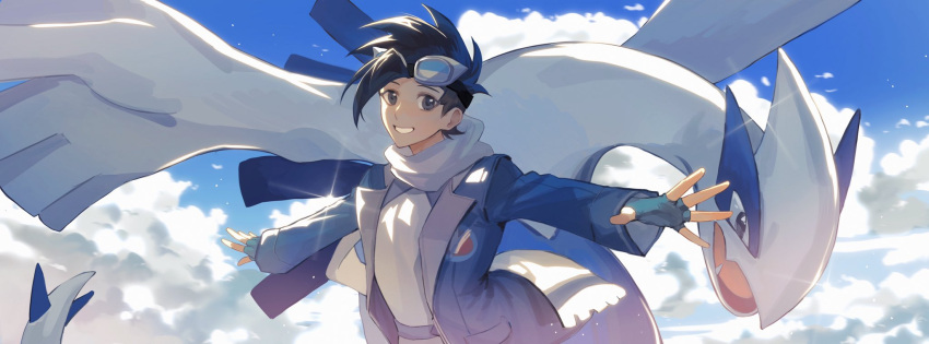 1boy black_hair blue_jacket clouds commentary_request day ethan_(pokemon) fingerless_gloves gloves goggles goggles_on_head grey_eyes highres jacket looking_at_viewer lugia male_focus official_alternate_costume outdoors pokemon pokemon_(creature) pokemon_(game) pokemon_masters_ex scarf shirt short_hair sky smile spiky_hair white_scarf white_shirt xiguamao41