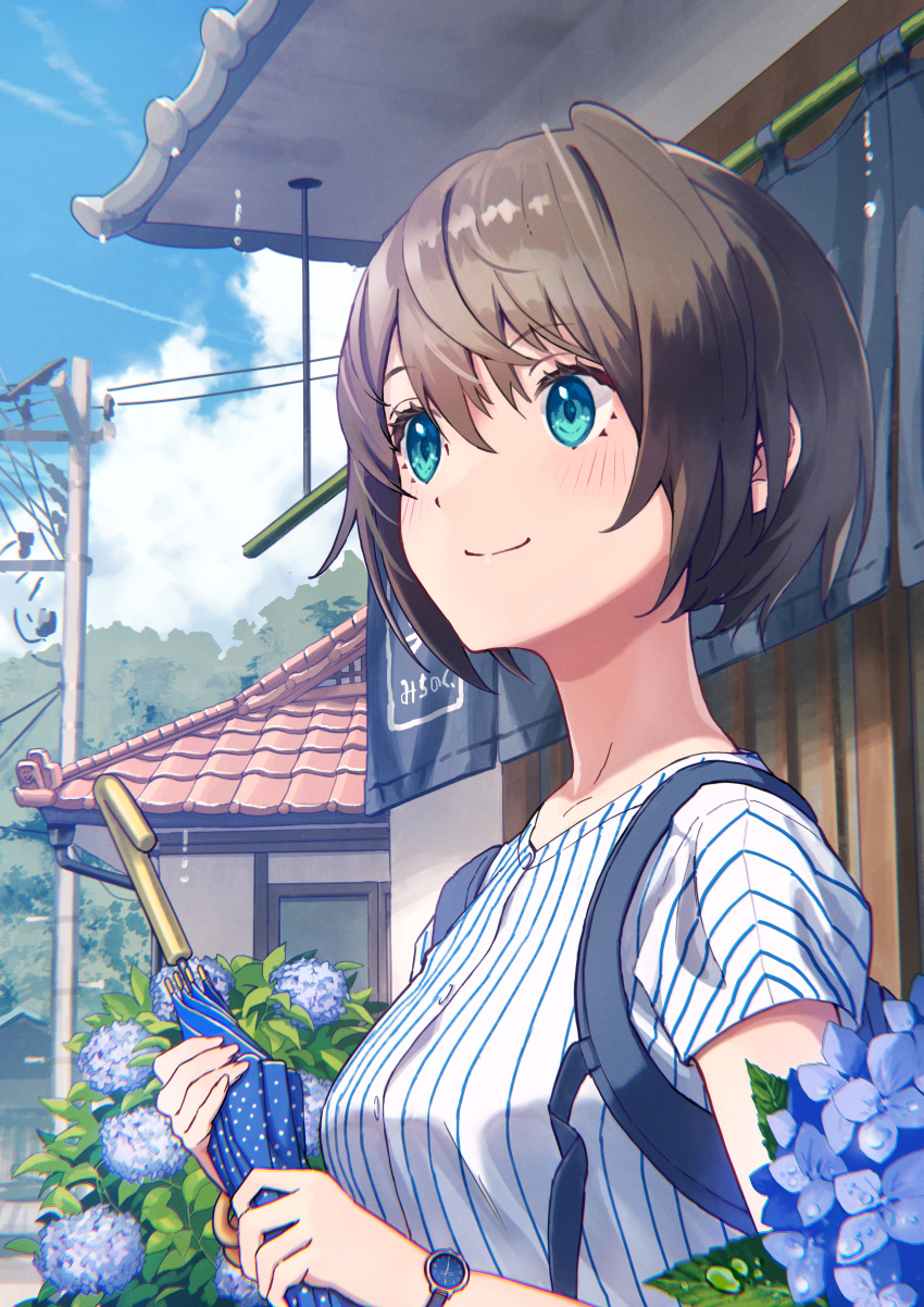1girl absurdres aqua_eyes backpack bag bangs blue_flower blue_sky brown_hair building closed_mouth clouds commentary_request day eyebrows_visible_through_hair flower forest hair_between_eyes highres holding holding_umbrella house hydrangea michinoku_(hiking_miusan18) nature original outdoors power_lines scenery shirt short_hair sky smile solo striped striped_shirt summer umbrella upper_body utility_pole vertical_stripes watch watch white_shirt