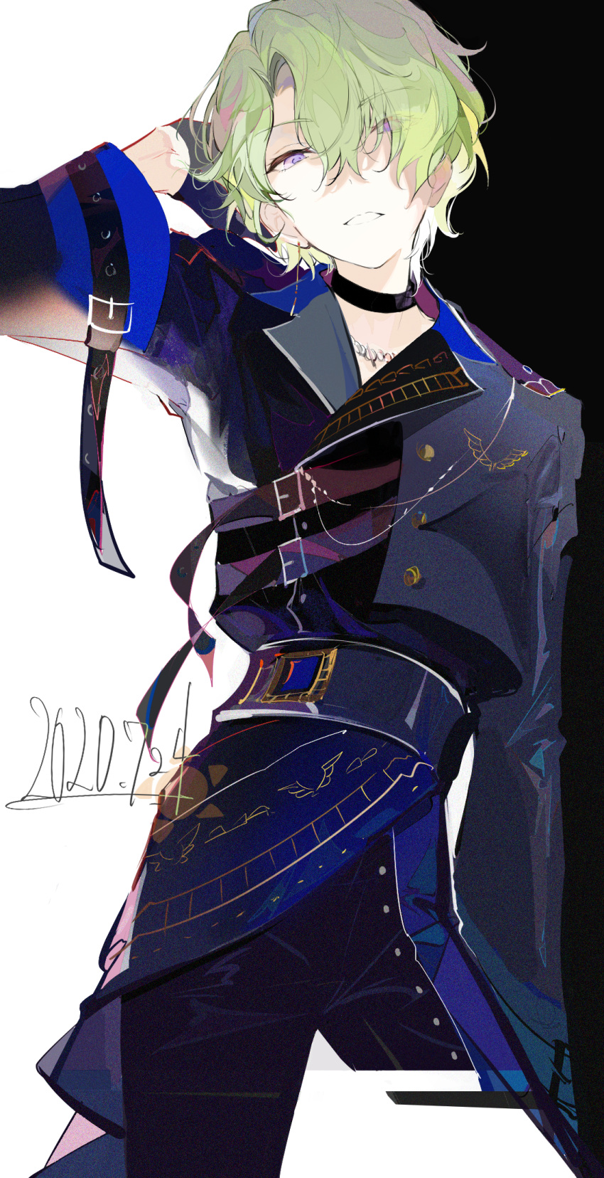 1boy aiguillette arm_at_side bangs belt black_background black_jacket black_pants choker cowboy_shot cropped_legs dated earrings ensemble_stars! eyes_visible_through_hair ezu_(e104mjd) green_hair hair_over_one_eye hand_on_own_head hand_up head_tilt highres jacket jewelry long_sleeves looking_at_viewer male_focus necklace pants parted_lips short_hair single_earring solo tomoe_hiyori two-tone_background violet_eyes waist_cape white_background wide_sleeves