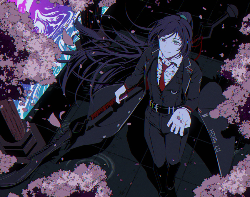 1boy absurdres belt black_coat black_pants cherry_blossoms coat falling_petals formal heterochromia highres holding holding_weapon hong_lu limbus_company long_hair necktie outstretched_hand pants petals polearm ponytail project_moon purple_hair red_necktie shirt tractrix weapon white_shirt