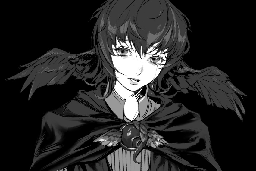 1girl bangs black_background brooch capelet crying crying_with_eyes_open feathered_wings final_fantasy final_fantasy_xiv greyscale head_wings highres jewelry kirakirapu looking_at_viewer meteion monochrome open_mouth portrait sad short_hair simple_background solo spoilers tears wings