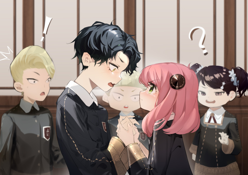 2girls 3boys ? absurdres ahivemind3 anya_(spy_x_family) becky_blackbell black_hair blush damian_desmond emile_elman ewen_egeburg eye_contact green_eyes hair_ornament highres long_hair long_sleeves looking_at_another multiple_boys multiple_girls open_mouth pink_hair profile spy_x_family surprised twintails yellow_eyes