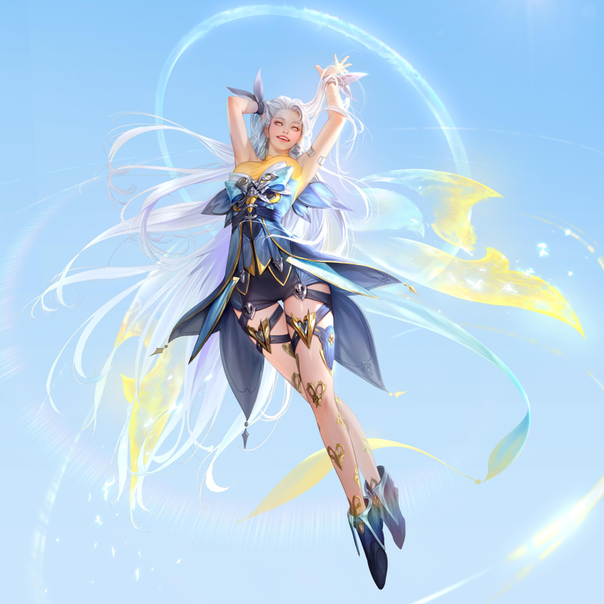 1girl absurdres arm_up clear_sky english_commentary flying from_below full_body hands_in_hair happy highres hydrokinesis long_hair looking_to_the_side open_mouth original sky solo taekwon_kim teeth transparent_wings upper_teeth water white_hair wings yellow_eyes