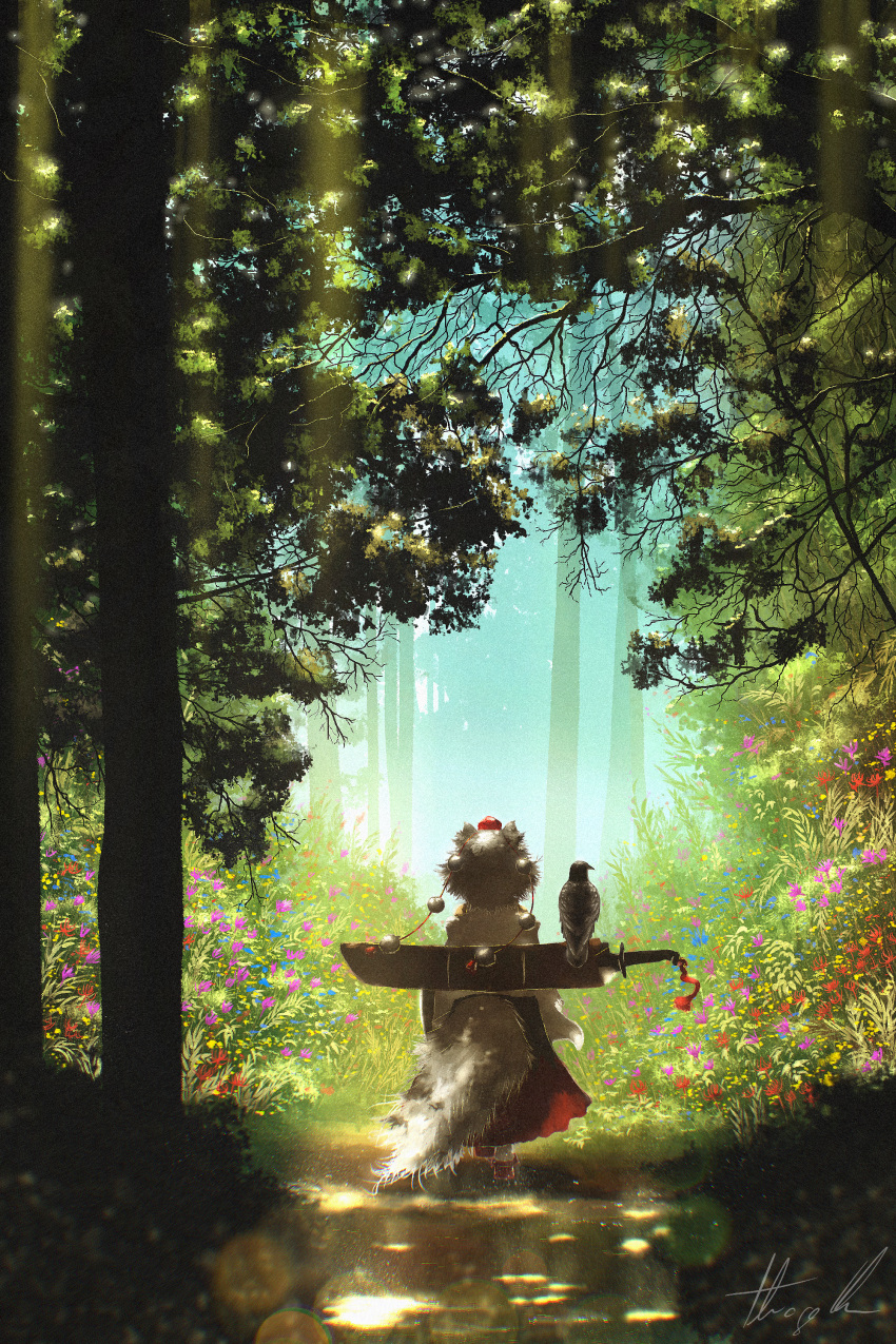 1girl absurdres animal animal_ears bird black_skirt dappled_sunlight day facing_away flower forest from_behind full_body geta grey_hair hat highres huge_weapon inubashiri_momiji light_rays long_skirt medium_hair multicolored_clothes multicolored_skirt nature oubachiago outdoors plant pom_pom_(clothes) procreate_(medium) red_skirt scabbard scenery sheath sheathed shirt signature skirt sunbeam sunlight sword tail tail_through_clothes tokin_hat touhou tree walking weapon weapon_on_back wolf_ears wolf_girl wolf_tail