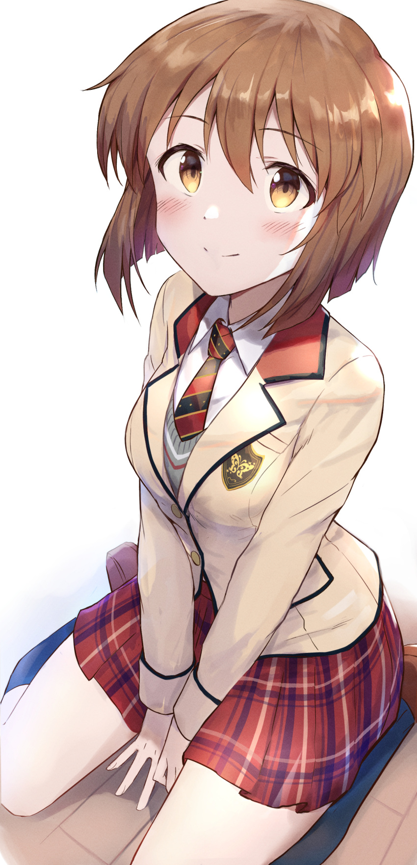 1girl absurdres bangs blazer blush brown_eyes brown_hair brown_jacket closed_mouth commentary_request eyebrows_visible_through_hair grey_vest hagiwara_yukiho hair_between_eyes highres idolmaster idolmaster_million_live! jacket long_sleeves looking_at_viewer necktie plaid plaid_skirt red_skirt school_uniform seiza shirt short_hair shuucream_(syuichi) sitting skirt smile solo striped_necktie sweater_vest vest white_shirt