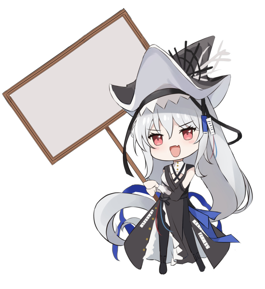 1girl :d arknights black_dress black_headwear black_legwear chibi dress fang full_body highres holding holding_sign long_hair long_sleeves multico pantyhose red_eyes sign simple_background skin_fang smile solo specter_(arknights) specter_the_unchained_(arknights) template v-shaped_eyebrows very_long_hair white_background white_hair