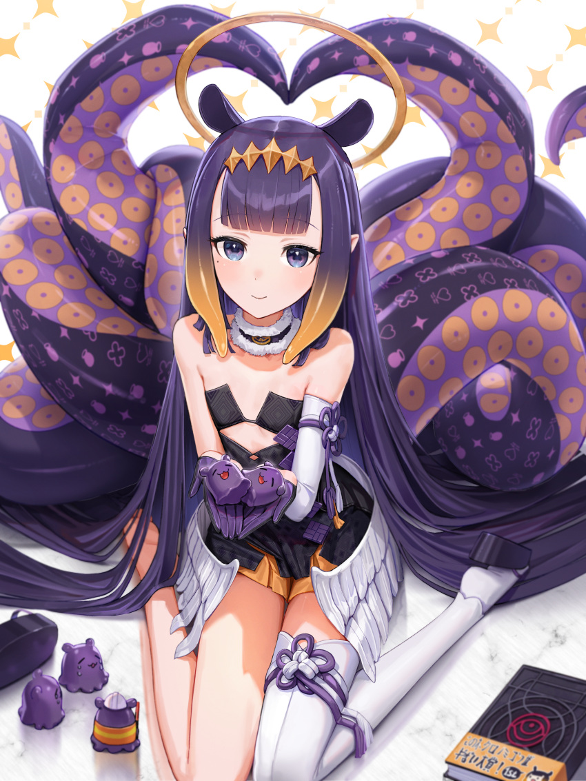 1girl absurdres bangs blunt_bangs closed_mouth cryturtle eyebrows_visible_through_hair gloves highres hololive hololive_english looking_at_viewer mole mole_under_eye ninomae_ina'nis orange_hair pointy_ears purple_gloves purple_hair single_thighhigh smile solo tako_(ninomae_ina'nis) tentacle_hair tentacles thigh-highs violet_eyes virtual_youtuber white_legwear