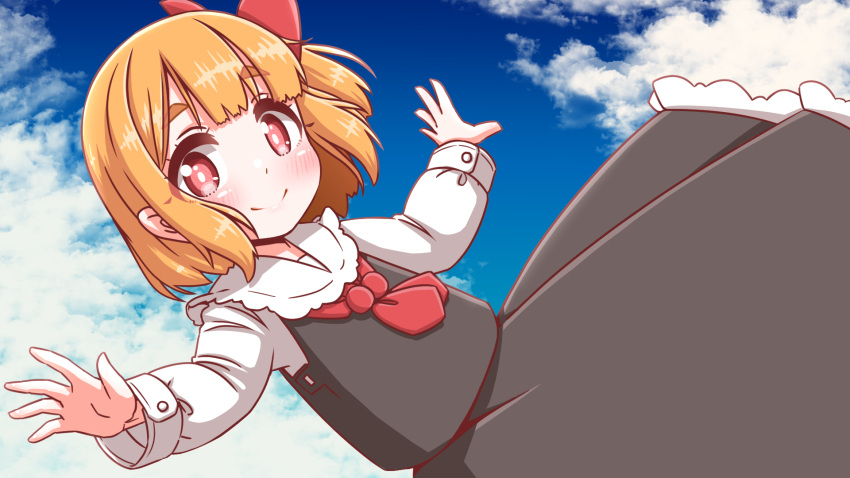 1girl ascot black_vest blonde_hair blue_sky blush clouds day hair_ribbon highres long_sleeves looking_at_viewer neck_bobbles outdoors outstretched_arms red_eyes ribbon roco_(katsuya1011) rumia shirt short_hair skirt sky smile solo touhou vest white_shirt