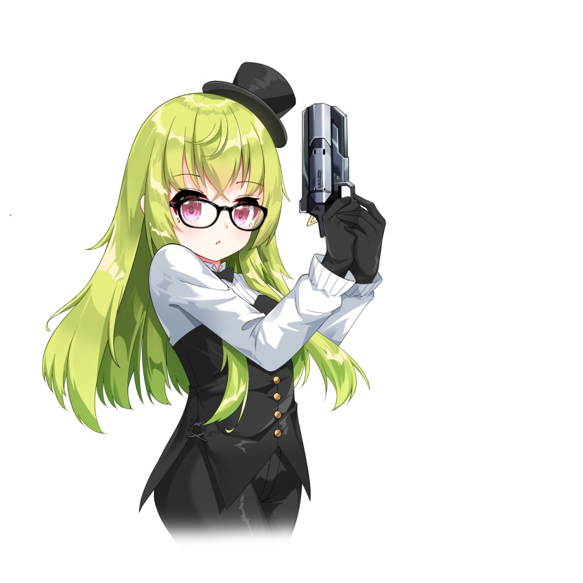 1girl bangs black-framed_eyewear black_gloves black_headwear black_pants black_vest chihong_de_tianshi commentary_request copyright_request cropped_legs eyebrows_visible_through_hair glasses gloves green_hair gun hair_between_eyes handgun hat highres holding holding_gun holding_weapon long_hair long_sleeves looking_at_viewer mini_hat pants parted_lips pistol shirt simple_background solo tilted_headwear two-handed very_long_hair vest violet_eyes virtual_youtuber weapon white_background white_shirt