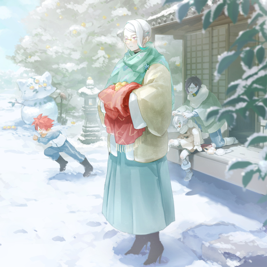 4boys :d aizen_kunitoshi akashi_kuniyuki architecture black_footwear black_hair blue_pants boots breath coat day dressing_another earmuffs_removed east_asian_architecture flower food footprints fruit fruit_tree fur-trimmed_boots fur_trim green_hair green_scarf hakama high_heel_boots high_heels highres hotarumaru japanese_clothes kneeling laughing long_sleeves looking_at_another male_focus mandarin_orange mittens monocle muff multicolored_hair multiple_boys on_floor outdoors pants plant porch redhead running scarf sitting sliding_doors smile snow snowman solo_focus standing stone_lantern streaked_hair tomoegata_naginata touken_ranbu track_suit tree veranda white_hair wide_sleeves winter_clothes yb_(yb_by)