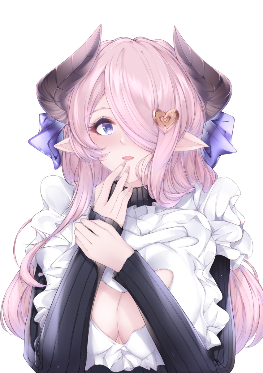1921494015 1girl absurdres bangs blue_eyes breasts draph fingernails frills granblue_fantasy hair_ornament hair_over_one_eye heart heart_hair_ornament highres horns large_breasts long_hair long_sleeves looking_at_viewer narmaya_(granblue_fantasy) narmaya_(valentine)_(granblue_fantasy) official_alternate_costume one_eye_covered parted_lips pointy_ears sharp_fingernails simple_background solo upper_body white_background