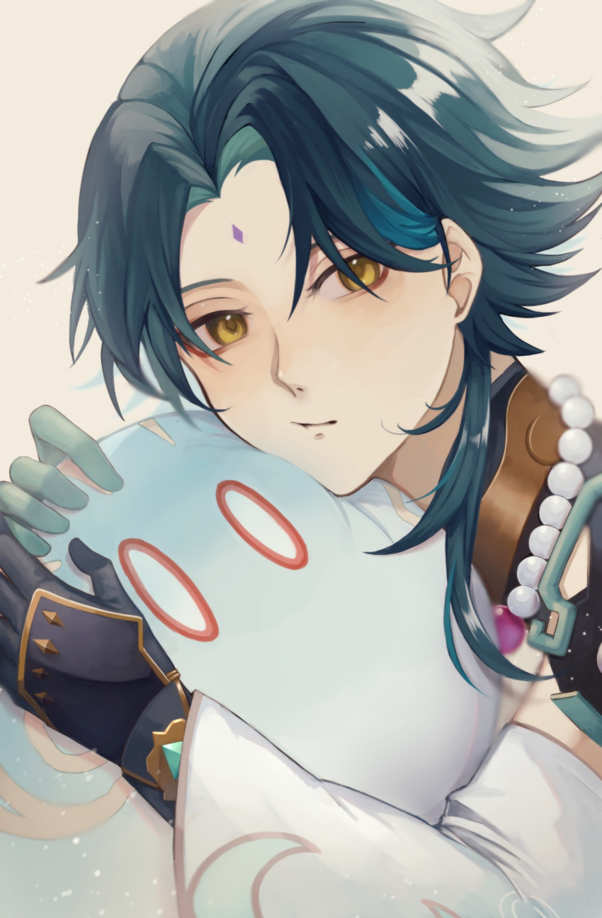 1boy :/ ahoge aqua_hair armor bangs bead_necklace beads black_hair closed_mouth commentary_request cropped_torso detached_sleeves eyeshadow facial_mark forehead_mark genshin_impact gloves highres holding jewelry looking_at_viewer makeup male_focus multicolored_hair necklace parted_bangs pauldrons red_eyeshadow seigetu810 shoulder_armor sidelocks simple_background single_pauldron slime_(genshin_impact) spiked_armor spikes tassel vision_(genshin_impact) white_background wide_sleeves xiao_(genshin_impact) yellow_eyes