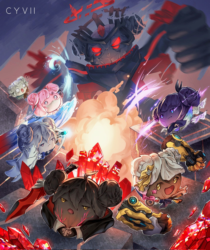 ! !! 2boys 4girls :d artist_name bronya_zaychik bronya_zaychik_(silverwing:_n-ex) cabbage carole_peppers closed_mouth crystal cyviiart electricity grey_sky gun highres honkai_(series) honkai_impact_3rd ice lyle_collodi_(honkai_impact) mask mouth_mask multiple_boys multiple_girls objectification open_mouth outdoors protagonist_(honkai_impact) raiden_mei smile smoke surprised sword timido_cute weapon wide-eyed