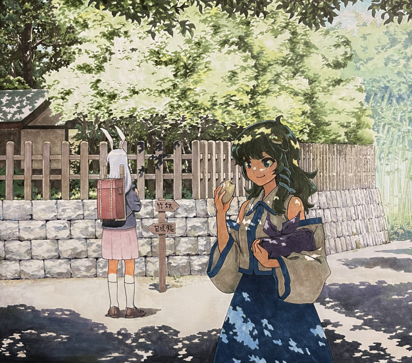 2girls ahoge animal_ears backpack bag bamboo bamboo_forest bangs baozi blazer blue_eyes blue_jacket blue_skirt brown_footwear building closed_mouth collared_shirt commentary_request dappled_sunlight detached_sleeves direction_board eyebrows_visible_through_hair facing_to_the_side fence food forest frog_hair_ornament full_body green_hair hair_ornament hands_up holding holding_food jacket kneehighs kochiya_sanae loafers long_hair long_skirt marker_(medium) medium_skirt multiple_girls nature outdoors package partial_commentary pink_skirt rabbit_ears reisen_udongein_inaba road_sign shadow shiratama_(hockey) shirt shoes sign skirt sleeveless sleeveless_shirt smile snake_hair_ornament standing stone_wall sunlight touhou traditional_media tree wall white_legwear white_shirt wide_sleeves wooden_fence
