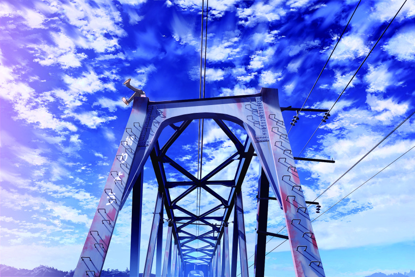 1girl black_legwear bridge clouds cloudy_sky commentary_request highres ladder original outdoors power_lines sandals scenery sky smile_(qd4nsvik) solo wide_shot