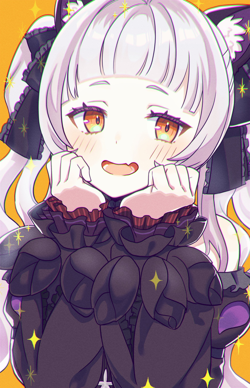 1girl absurdres animal_ears bangs bare_shoulders black_dress black_ribbon blunt_bangs cat_ears commentary_request dress frilled_ribbon frills grey_hair hair_ribbon hands_on_own_cheeks hands_on_own_face highres hololive long_hair long_sleeves looking_at_viewer murasaki_shion nyako_(lhq3p) open_mouth ribbon short_eyebrows sidelocks solo sparkle twintails upper_body virtual_youtuber yellow_eyes