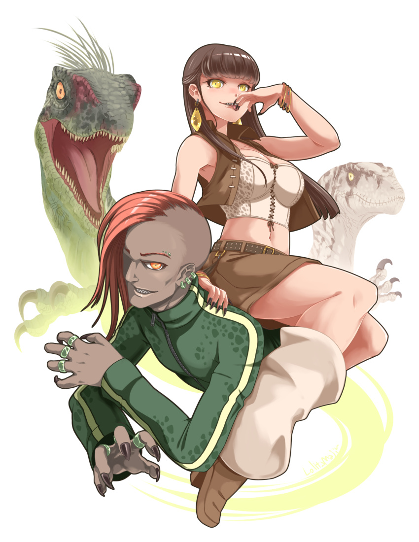 1boy 1girl bangs black_nails blunt_bangs breasts brown_hair brown_skirt brown_vest dark-skinned_male dark_skin dinosaur earrings green_shirt highres hime_cut jewelry jurassic_park lolita_majin long_hair long_sleeves medium_breasts miniskirt mohawk navel orange_eyes orange_hair original personification ring sharp_teeth shirt sidelocks skirt slit_pupils strapless teeth tube_top velociraptor vest yellow_eyes