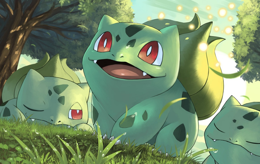 bright_pupils bulbasaur commentary_request day falling_leaves fangs fangs_out grass leaf lying no_humans on_stomach one_eye_closed open_mouth outdoors pokemon pokemon_(creature) red_eyes tesshii_(riza4828) tongue tree water_drop white_pupils