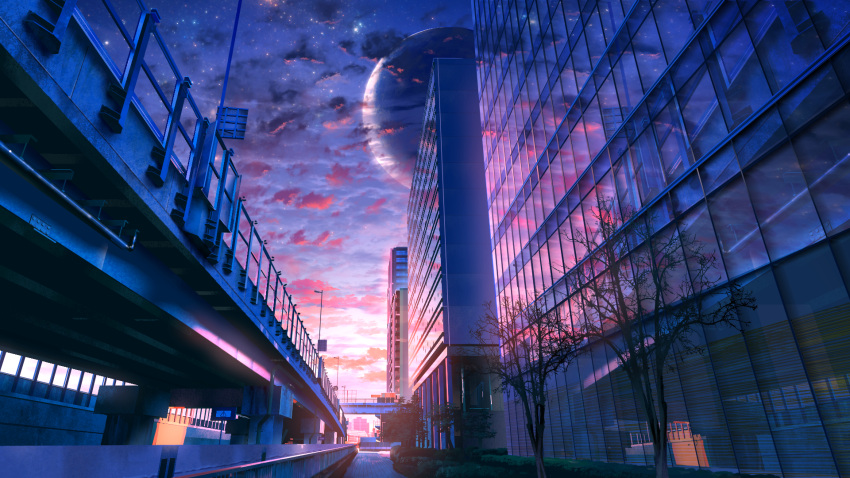 building bush city cityscape clouds commentary_request fantasy highres highway moon night night_sky no_humans original outdoors overpass reflection scenery sky smile_(qd4nsvik) tree