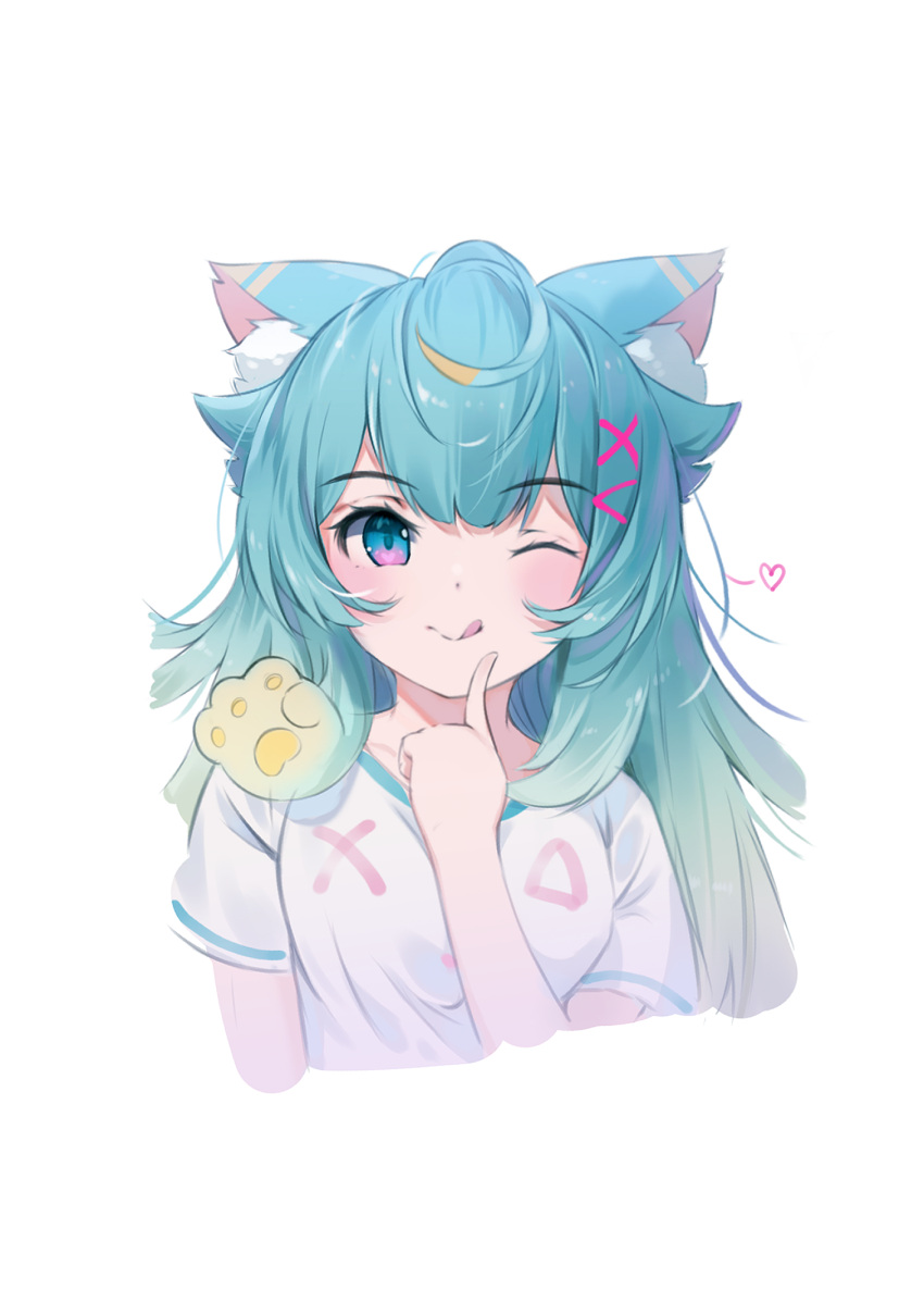 1girl ;q andychen animal_ear_fluff animal_ears bangs blonde_hair blue_eyes blue_hair cat_ears cropped_torso hair_ornament hand_up heart highres index_finger_raised indie_virtual_youtuber lanmewko long_hair looking_at_viewer multicolored_hair one_eye_closed shirt short_sleeves simple_background solo streaked_hair tongue tongue_out upper_body virtual_youtuber white_background white_shirt x_hair_ornament