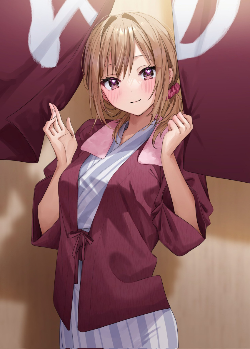 1girl bangs blush chigusa_minori closed_mouth commentary_request hair_intakes hair_ornament hair_scrunchie hands_up highres japanese_clothes light_brown_hair long_sleeves looking_at_viewer medium_hair original pink_scrunchie scrunchie smile solo towel towel_around_neck violet_eyes wide_sleeves