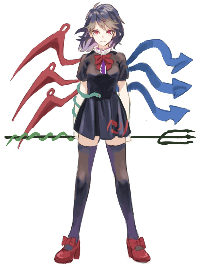 1girl asymmetrical_wings black_dress black_hair black_legwear bow bowtie dress full_body highres houjuu_nue looking_at_viewer nanasuou polearm red_bow red_eyes red_footwear shoes short_dress short_hair short_sleeves snake solo standing thigh-highs touhou trident weapon wings zettai_ryouiki