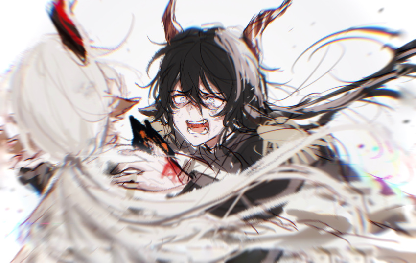 2boys absurdres animal_ears arknights bangs black_hair blood blood_on_hands crying crying_with_eyes_open ebenholz_(arknights) epaulettes eyebrows_visible_through_hair goat_boy goat_ears goat_horns highres horns kreide_(arknights) long_hair low_ponytail multiple_boys open_mouth simple_background sketch tears upper_body very_long_hair white_background white_eyes white_hair zuo_daoxing