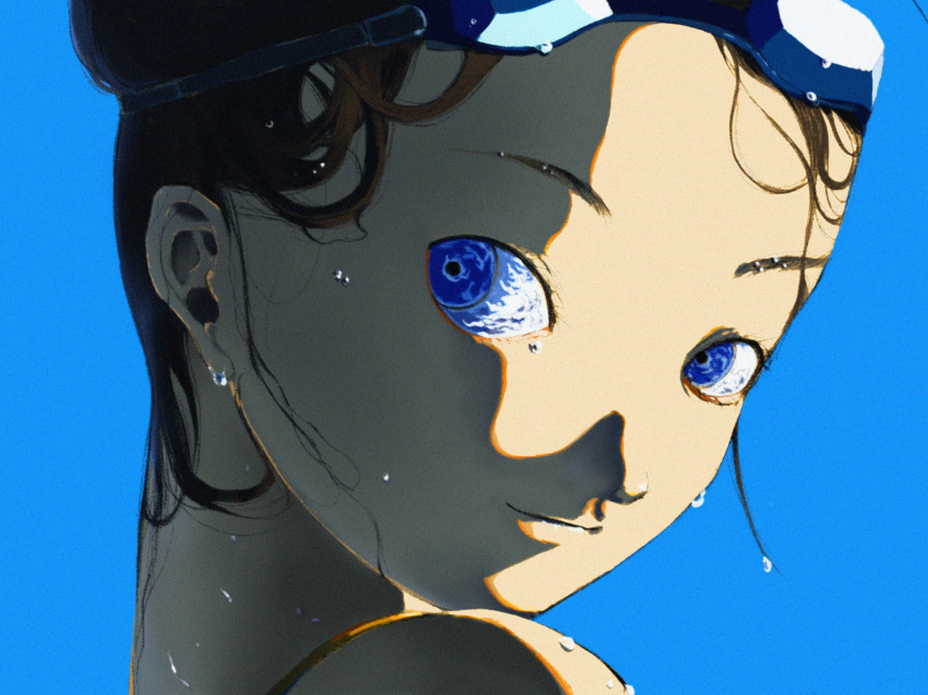 1girl bare_shoulders black_hair blue_background blue_eyes brown_hair caustics day eye_focus goggles goggles_on_head hair_bun highres looking_at_viewer looking_back lucarios messy_hair original portrait sideways_glance simple_background smile solo updo water_drop wet wet_hair