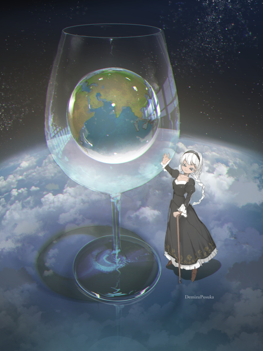 1girl artist_name black_dress black_eyes black_hairband boots braid braided_ponytail bright_pupils cane closed_mouth clouds collarbone commentary cup demizu_posuka dress drinking_glass earth_(planet) hairband highres juliet_sleeves long_dress long_hair long_sleeves original oversized_object planet puffy_sleeves smile solo space star_(sky) touching white_hair white_pupils wide_shot wine_glass