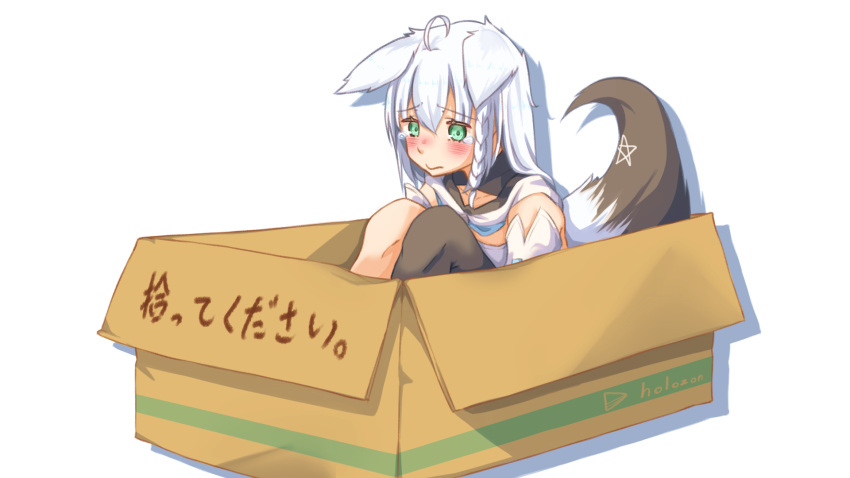 1girl ahoge animal_ears aobara_hairi bangs blush box braid cardboard_box closed_mouth commentary_request detached_sleeves ears_down extra_ears eyebrows_visible_through_hair fox_ears fox_girl fox_tail green_eyes hair_between_eyes highres hololive hood hoodie knees_up long_hair looking_at_viewer pentagram shirakami_fubuki sidelocks simple_background single_braid single_thighhigh sitting solo tail tearing_up thigh-highs translation_request virtual_youtuber white_background white_hair white_hoodie