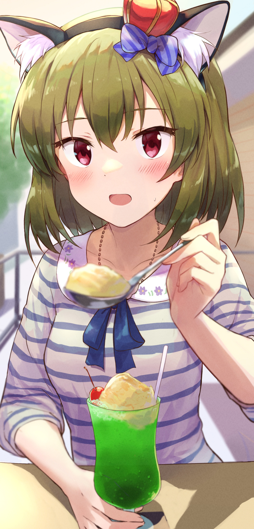 1girl absurdres animal_ears bangs blue_bow blue_ribbon blush bob_cut bow cat_ears cherry collarbone commentary_request cup drinking_glass drinking_straw eyebrows_visible_through_hair food fruit green_hair hair_bow highres holding holding_spoon ice_cream ice_cream_float idolmaster idolmaster_million_live! jewelry looking_at_viewer melon_soda nagayoshi_subaru necklace open_mouth pov red_eyes ribbon shadow shirt short_sleeves shuucream_(syuichi) solo spoon striped striped_shirt