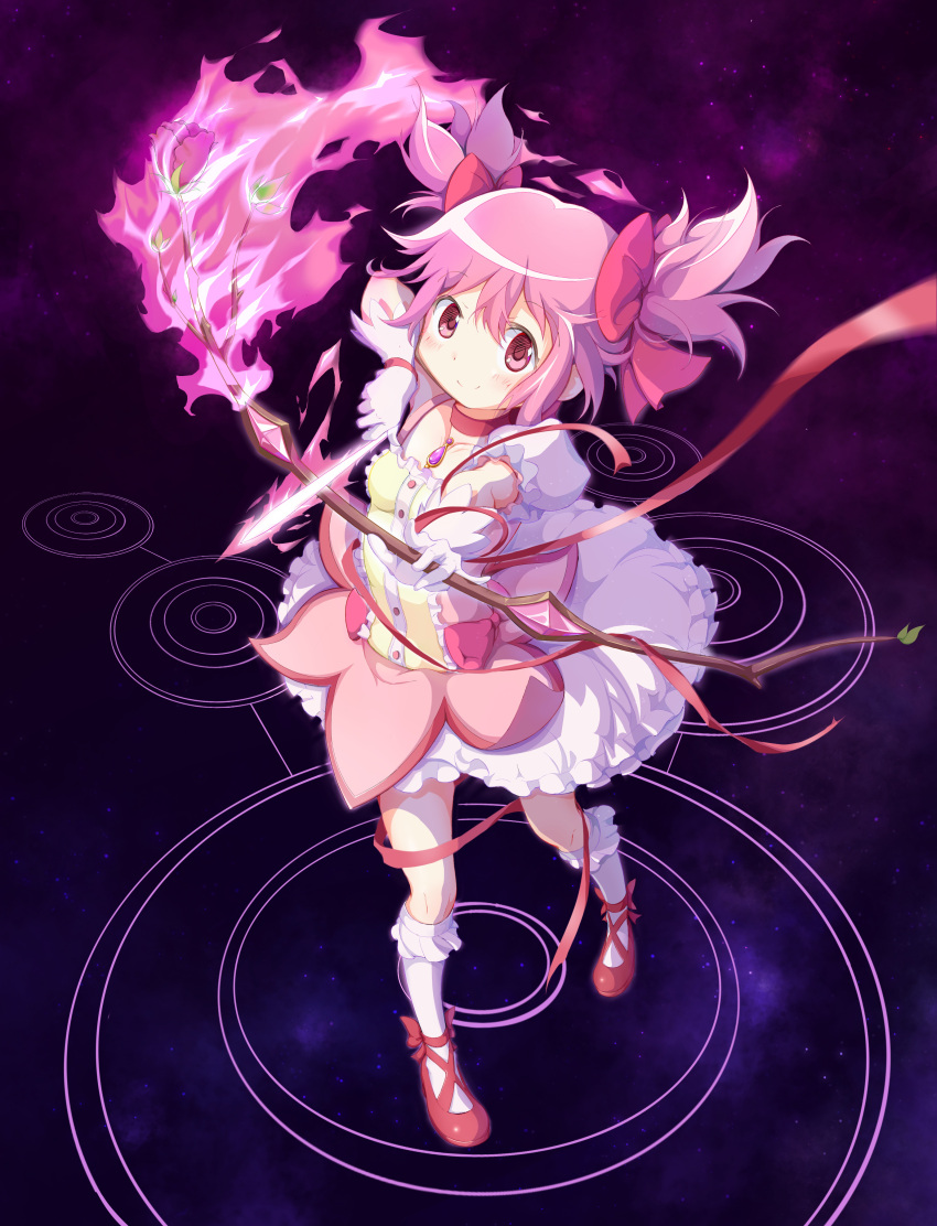 1girl absurdres arrow_(projectile) blush bow bow_(weapon) breasts bubble_skirt closed_mouth commentary eyebrows_visible_through_hair fire footwear_ribbon frilled_legwear full_body hair_bow highres kaname_madoka kneehighs looking_at_viewer magical_girl mahou_shoujo_madoka_magica pink_bow pink_eyes pink_fire pink_hair puffy_short_sleeves puffy_sleeves red_footwear red_ribbon ribbon seagateee shoes short_hair short_sleeves short_twintails skirt small_breasts smile solo space twintails weapon white_legwear