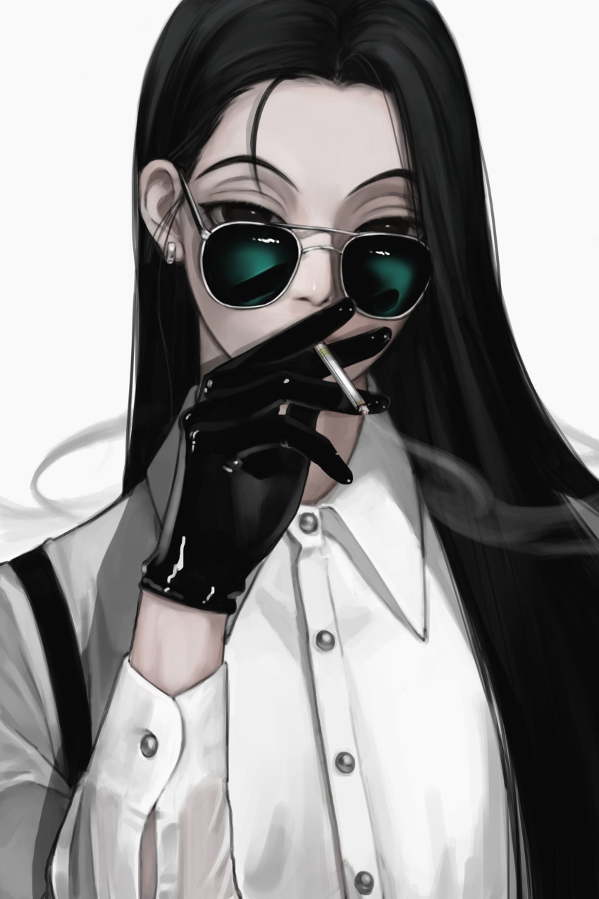 1boy absurdres black_eyes black_gloves black_hair cigarette collared_shirt covered_mouth dress_shirt earrings gloves hand_up highres holding holding_cigarette hunter_x_hunter illumi_zoldyck jewelry latex latex_gloves likeu_99 long_sleeves looking_at_viewer male_focus shiny shiny_clothes shirt smoke smoking solo straight_hair sunglasses suspenders upper_body white_shirt