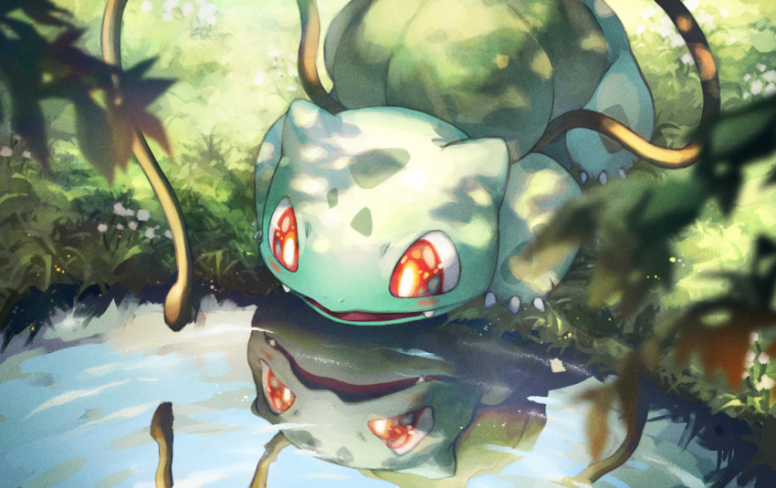 blurry blush bright_pupils bulbasaur champi claws commentary_request day fangs grass leaf looking_down no_humans outdoors plant pokemon pokemon_(creature) red_eyes reflection solo vines water white_pupils