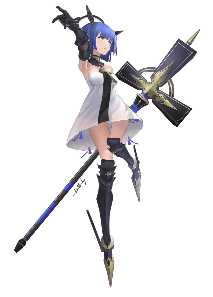 1girl absurdres armored_boots artist_name azur_lane black_dress black_footwear black_gloves black_legwear blue_hair boots breasts cross cross_(weapon) cross_necklace detached_collar dress fleur_de_lis floating_headgear from_below full_body gascogne_(azur_lane) gauntlets gloves headgear highres holding holding_cross jewelry knee_boots leg_up looking_away mechanical_halo medium_breasts necklace short_hair simple_background solo strapless strapless_dress two-tone_dress white_background white_dress xinzhibifang yellow_eyes