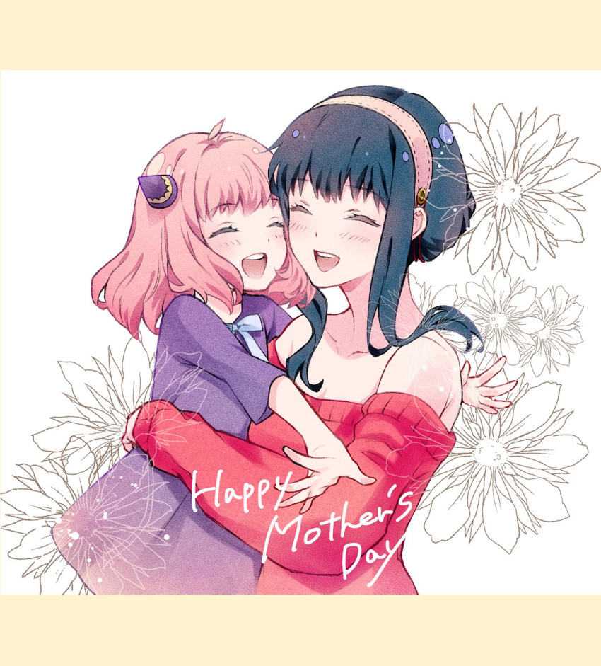 2girls anya_(spy_x_family) bangs bare_shoulders black_hair blush child collarbone flower hairband highres hug long_hair mother's_day mother_and_daughter multiple_girls open_mouth pink_hair quichi_91 red_sweater sidelocks spy_x_family sweater yor_briar