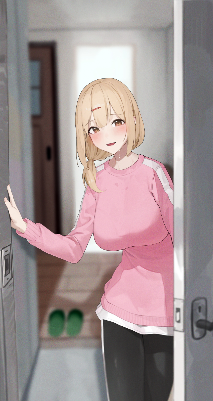 1girl absurdres bangs black_pants blonde_hair blurry blurry_background blush breasts commentary door doorway dripping hair_between_eyes hair_ornament hair_tie hairclip highres house indoors jahy-sama_wa_kujikenai! large_breasts long_sleeves looking_at_viewer open_mouth opening_door orange_eyes pants pink_shirt pov_doorway shirt slippers smile so_shio striped striped_legwear striped_shirt sweat sweaty_clothes tenchou_(jahy) white_stripes