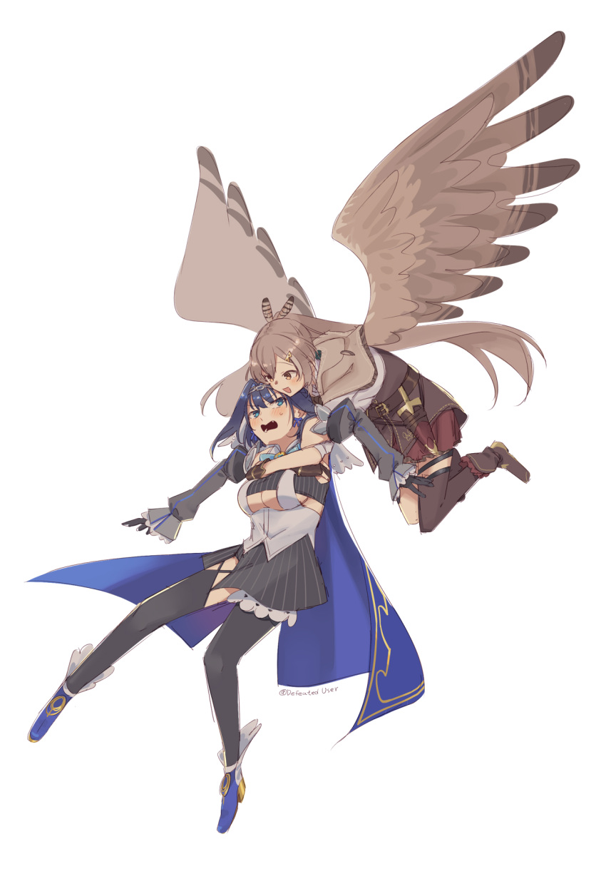2girls ahoge ankle_boots asymmetrical_clothes asymmetrical_legwear bangs belt bird_girl bird_wings black_gloves black_legwear blue_cape blue_hair blue_ribbon boots brown_capelet brown_cloak brown_corset brown_eyes brown_hair cape capelet carrying carrying_person cleavage_cutout cloak clothing_cutout corset dagger detached_sleeves feather_hair_ornament feathers flying gloves hair_intakes hair_ornament hairclip head_chain heart-shaped_gem hetareeji high_heels highres hololive hololive_english knee_strap kneehighs knife long_hair looking_at_another micro_shorts miniskirt multicolored_hair multiple_girls nanashi_mumei ouro_kronii partially_fingerless_gloves pinstripe_pattern pleated_skirt ponytail red_skirt ribbon sailor_collar shirt short_hair shorts single_kneehigh single_thighhigh skirt sleeveless sleeveless_shirt streaked_hair striped sweatdrop tank_top thigh-highs thigh_strap underboob_cutout veil very_long_hair virtual_youtuber weapon white_shirt wings zipper