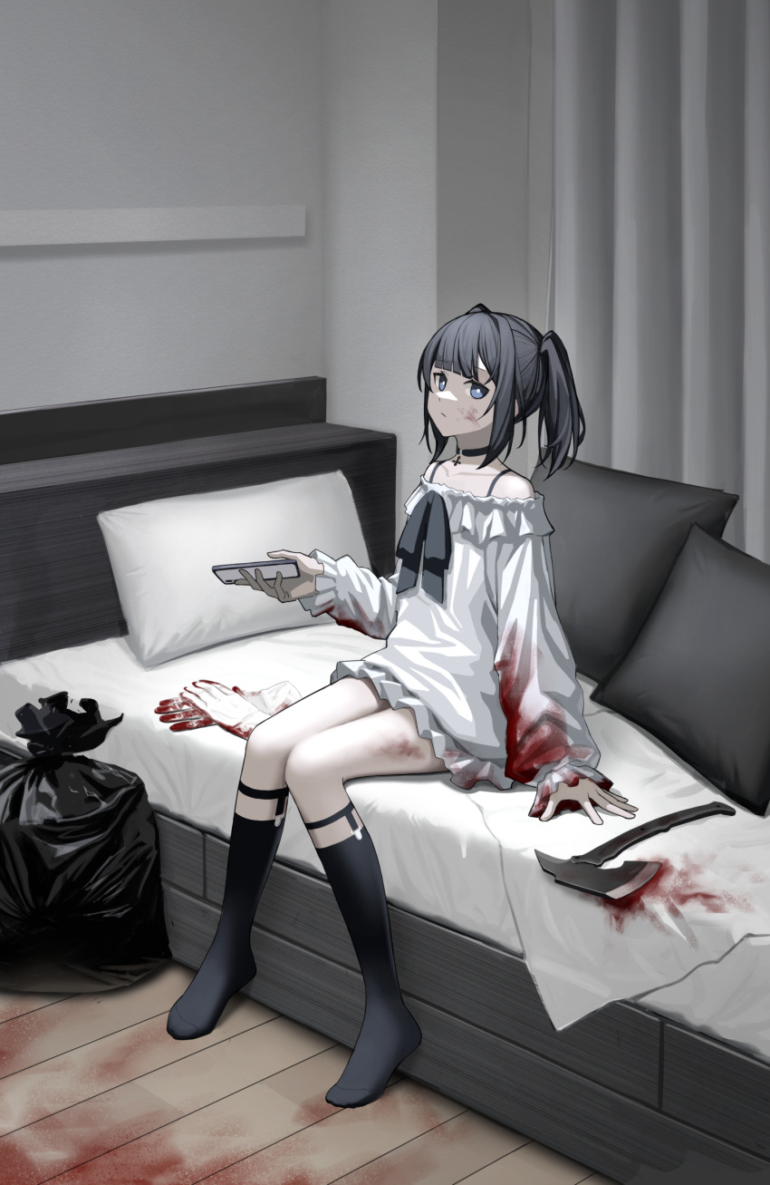 1girl axe bare_shoulders bed black_hair blood blood_on_bed blood_on_clothes blood_on_gloves blood_on_ground blue_eyes cellphone choker cross curtains garter_straps hatchet_(axe) highres holding holding_phone indoors kawara_pigeon kneehighs legwear_garter long_sleeves off-shoulder_shirt off_shoulder on_bed original phone pillow shirt sitting sitting_on_bed smartphone solo trash_bag two_side_up