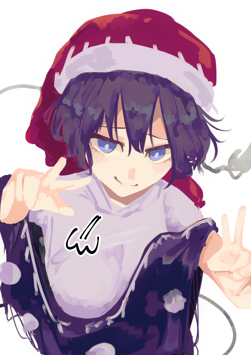 1girl absurdres bangs blue_eyes blue_hair breasts doremy_sweet double_v dress eyebrows_visible_through_hair hair_between_eyes hat highres looking_at_viewer nightcap pom_pom_(clothes) santa_hat smile solo totopepe888 touhou upper_body v