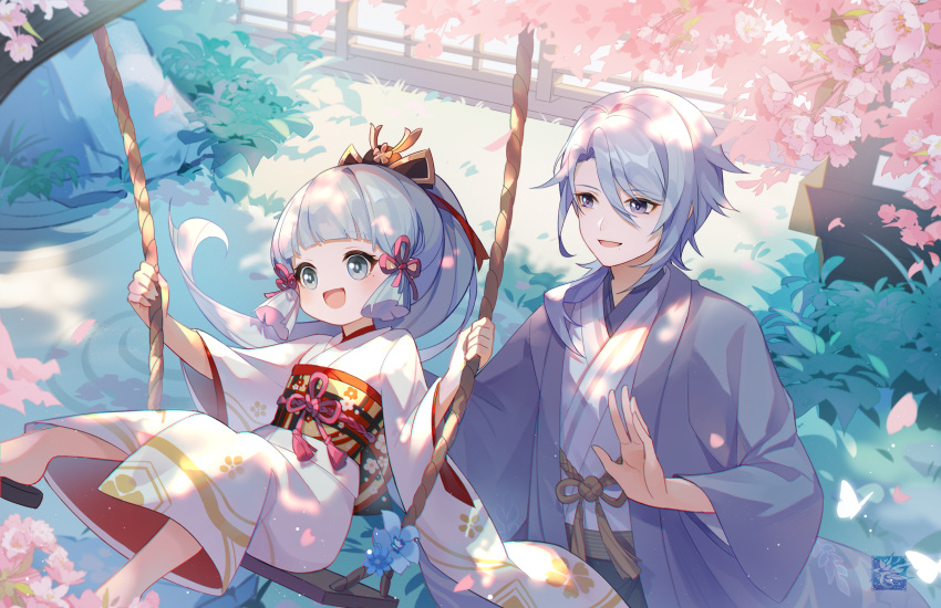 1boy 1girl :d absurdres alternate_costume autumnlll bangs blue_eyes blue_hair blunt_bangs bridge brother_and_sister cherry_blossoms child commentary eyebrows_visible_through_hair female_child genshin_impact hair_between_eyes hair_ornament happy highres japanese_clothes kamisato_ayaka kamisato_ayato kimono long_hair long_sleeves looking_at_another obi open_mouth petals ponytail revision sash scenery siblings sidelocks sitting smile swing swinging tree wide_sleeves younger
