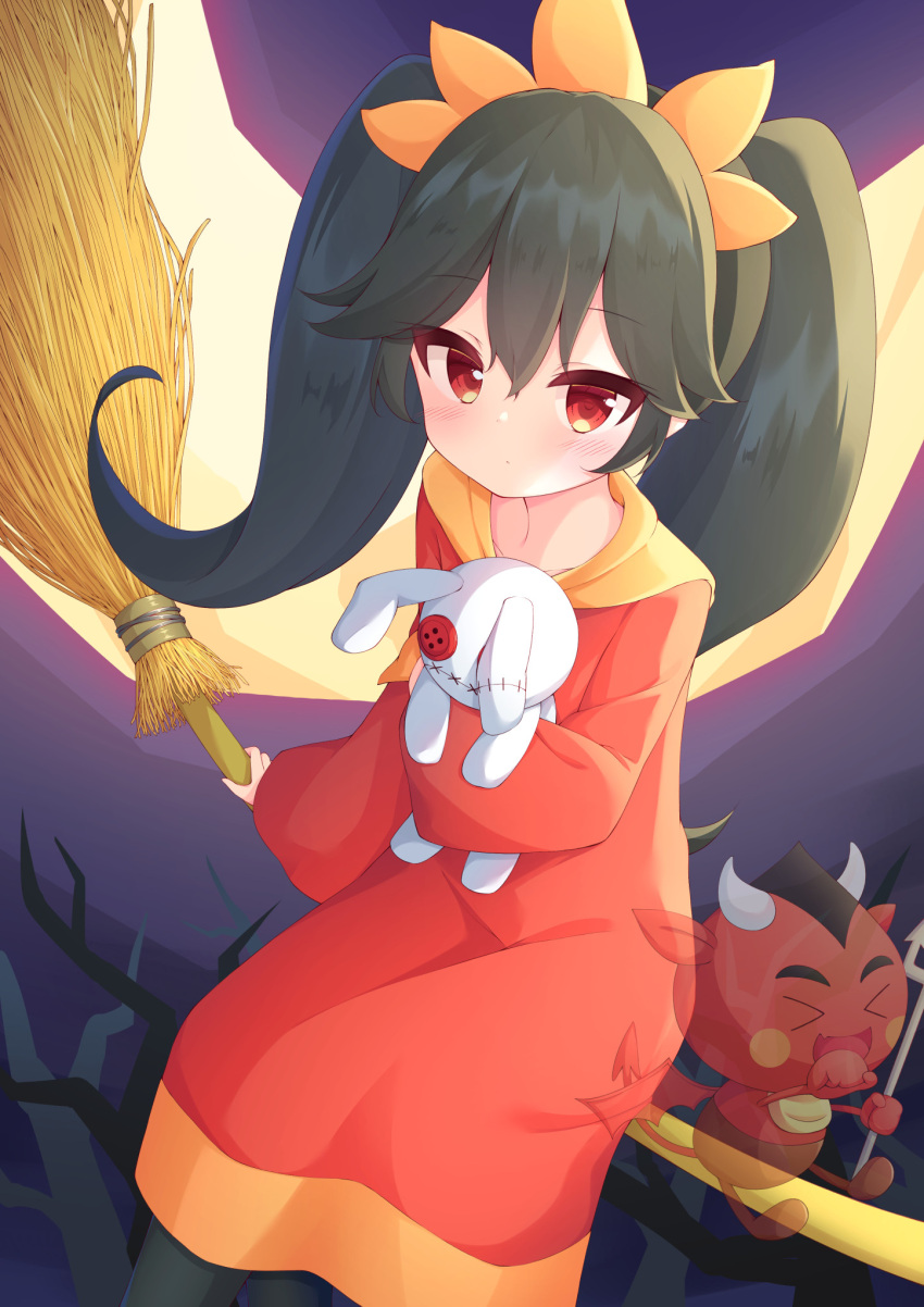 1boy 1girl arm_support ashley_(warioware) bangs bare_tree black_hair blush broom broom_riding button_eyes crescent_moon expressionless hair_flaps hairband highres holding holding_stuffed_toy isoroku_(isrk) long_hair long_sleeves moon night night_sky pantyhose red_(warioware) red_eyes semi-transparent sitting sky solo_focus stuffed_animal stuffed_bunny stuffed_toy tree twintails warioware