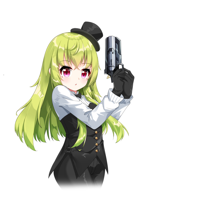 1girl bangs black_gloves black_headwear black_pants black_vest blush chihong_de_tianshi copyright_request cropped_legs eyebrows_visible_through_hair gloves green_hair gun hair_between_eyes handgun hat highres holding holding_gun holding_weapon long_hair long_sleeves looking_at_viewer mini_hat pants parted_lips pistol shirt simple_background solo tilted_headwear two-handed very_long_hair vest violet_eyes virtual_youtuber weapon white_background white_shirt